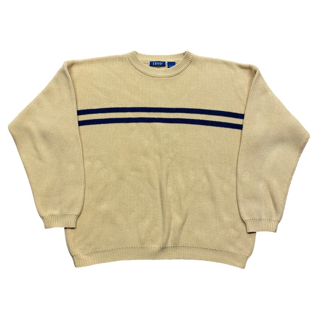 Vintage Y2K Izod Yellow 100% Cotton Sweater Navy Blue Chest Striped Mens Large